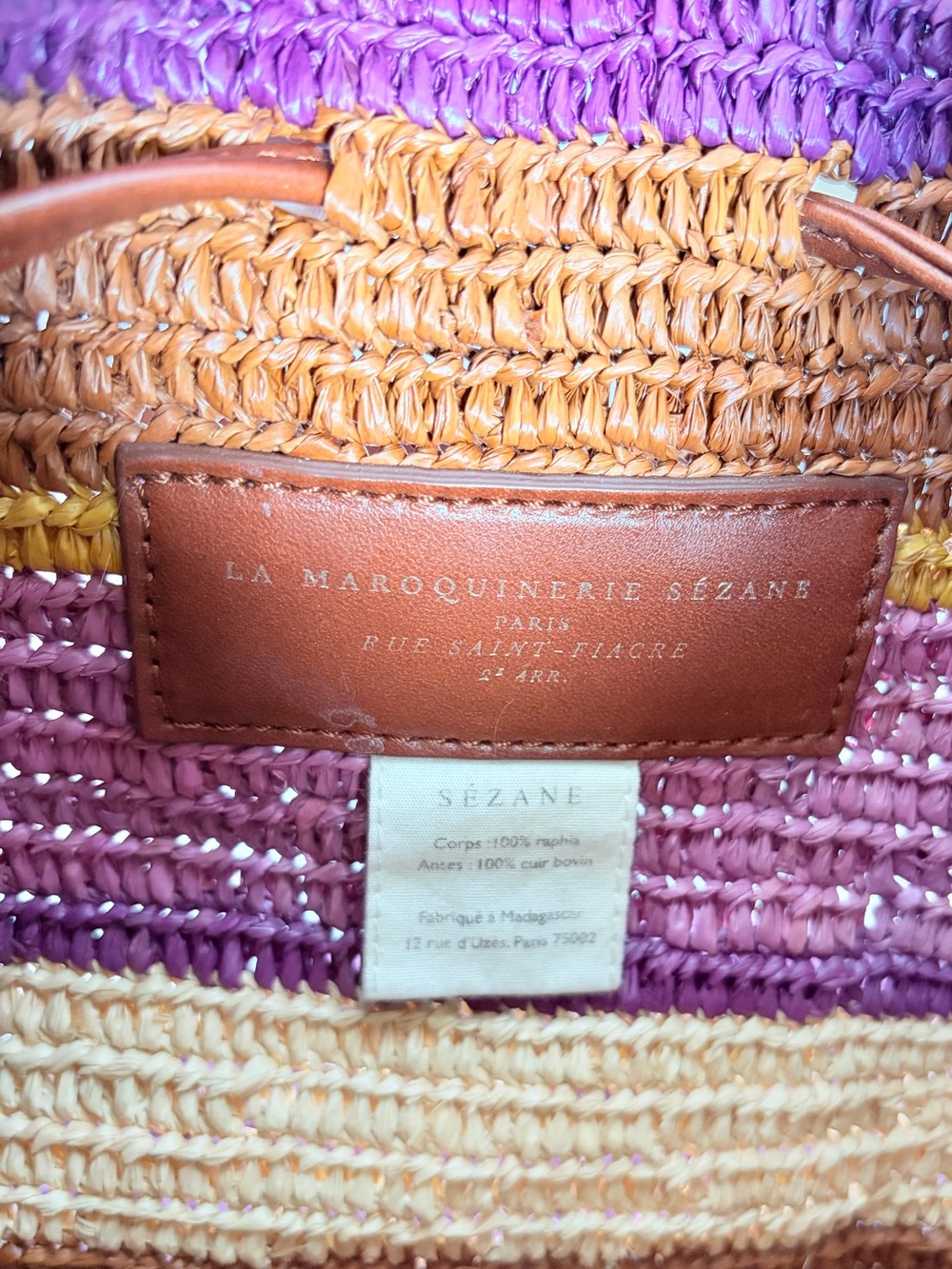 Sezane Farrow Bucket Bag Woven Shoulder Purse Raffia Leather Purple Violet Rare - Picture 3 of 14